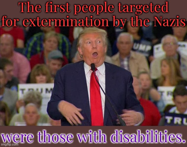 Eugenics. | The first people targeted for extermination by the Nazis; were those with disabilities. | image tagged in trump mocking disabled,discrimination,massacre,historical meme | made w/ Imgflip meme maker