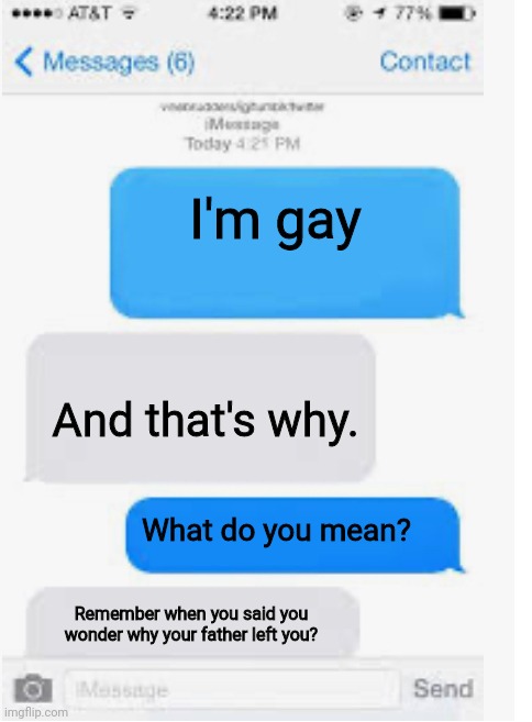 Blank text conversation | I'm gay; And that's why. What do you mean? Remember when you said you wonder why your father left you? | image tagged in blank text conversation | made w/ Imgflip meme maker