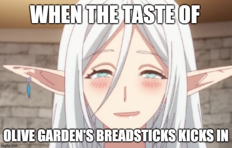 When the taste of Olive Garden's breadsticks kicks in | image tagged in ahegao,shijou saikyou no daimaou,lydia,the greatest demon lord is reborn as a typical nobody,anime,elf | made w/ Imgflip meme maker