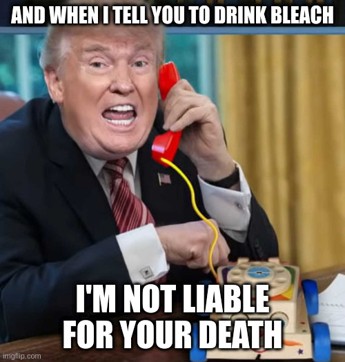 I'm the president | AND WHEN I TELL YOU TO DRINK BLEACH I'M NOT LIABLE FOR YOUR DEATH | image tagged in i'm the president | made w/ Imgflip meme maker