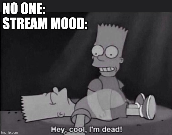 Hey, cool, I'm dead! | NO ONE:
STREAM MOOD: | image tagged in hey cool i'm dead | made w/ Imgflip meme maker