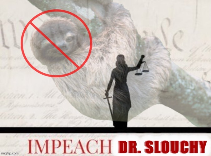 If these aren’t the actions of a dictator, then what are? Save our democracy! Impeach Dr. Slouchy! | image tagged in impeach dr slouchy,impeach,the,sloth,like,thing | made w/ Imgflip meme maker