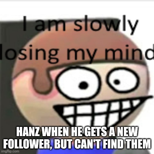 Why can't we see our followers?! | HANZ WHEN HE GETS A NEW FOLLOWER, BUT CAN'T FIND THEM | image tagged in im slowly losing my mind | made w/ Imgflip meme maker