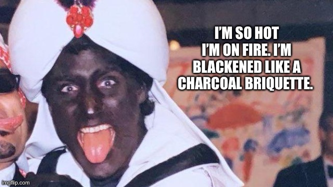 I’M SO HOT I’M ON FIRE. I’M BLACKENED LIKE A CHARCOAL BRIQUETTE. | made w/ Imgflip meme maker