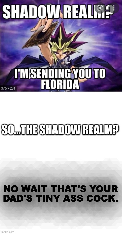 Shadow Realm | SO...THE SHADOW REALM? NO WAIT THAT'S YOUR DAD'S TINY ASS COCK. | image tagged in yu-gi-oh,shadow realm,florida,california,cock,funny | made w/ Imgflip meme maker