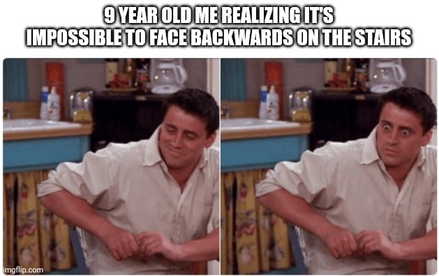 A person who thinks.... Has faults | 9 YEAR OLD ME REALIZING IT'S IMPOSSIBLE TO FACE BACKWARDS ON THE STAIRS | image tagged in joey from friends | made w/ Imgflip meme maker