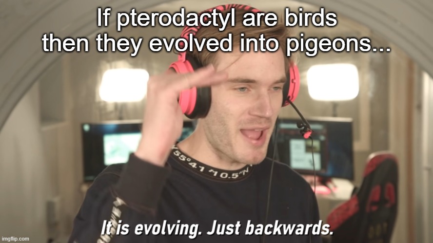 Think about it | If pterodactyl are birds then they evolved into pigeons... | image tagged in its evolving just backwards | made w/ Imgflip meme maker