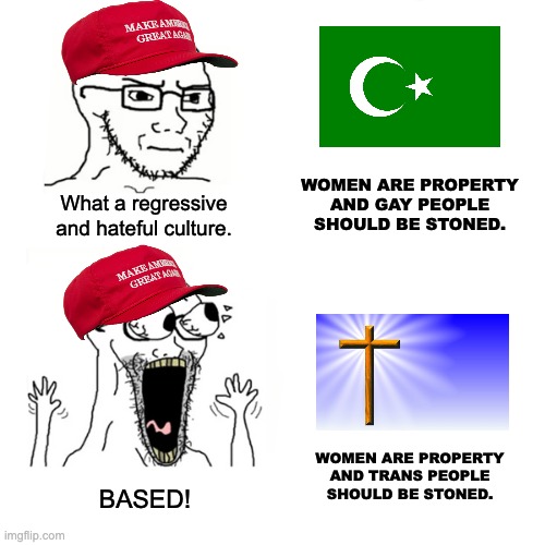 Waow Wojak | WOMEN ARE PROPERTY AND GAY PEOPLE SHOULD BE STONED. What a regressive and hateful culture. WOMEN ARE PROPERTY AND TRANS PEOPLE SHOULD BE STONED. BASED! | image tagged in waow wojak,islam,christianity,homophobic,transgender,religion | made w/ Imgflip meme maker