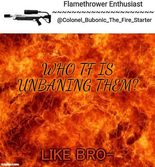 Flamethrower Enthusiast | WHO TF IS UNBANING THEM? LIKE BRO- | image tagged in flamethrower enthusiast | made w/ Imgflip meme maker