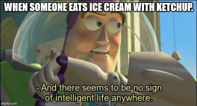No sign of intelligent life | WHEN SOMEONE EATS ICE CREAM WITH KETCHUP. | image tagged in no sign of intelligent life | made w/ Imgflip meme maker
