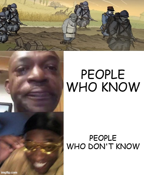 sad | PEOPLE WHO KNOW; PEOPLE WHO DON'T KNOW | image tagged in black guy crying and black guy laughing | made w/ Imgflip meme maker