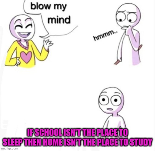 blow my mind | IF SCHOOL ISN'T THE PLACE TO SLEEP THEN HOME ISN'T THE PLACE TO STUDY | image tagged in blow my mind | made w/ Imgflip meme maker