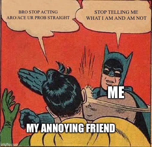 this was literally yesterday | BRO STOP ACTING ARO/ACE UR PROB STRAIGHT; STOP TELLING ME WHAT I AM AND AM NOT; ME; MY ANNOYING FRIEND | image tagged in memes,batman slapping robin | made w/ Imgflip meme maker