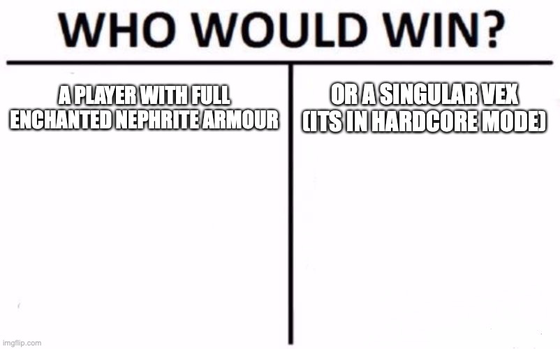 no picture cos I'm lazy | A PLAYER WITH FULL ENCHANTED NEPHRITE ARMOUR; OR A SINGULAR VEX (ITS IN HARDCORE MODE) | image tagged in memes,who would win | made w/ Imgflip meme maker