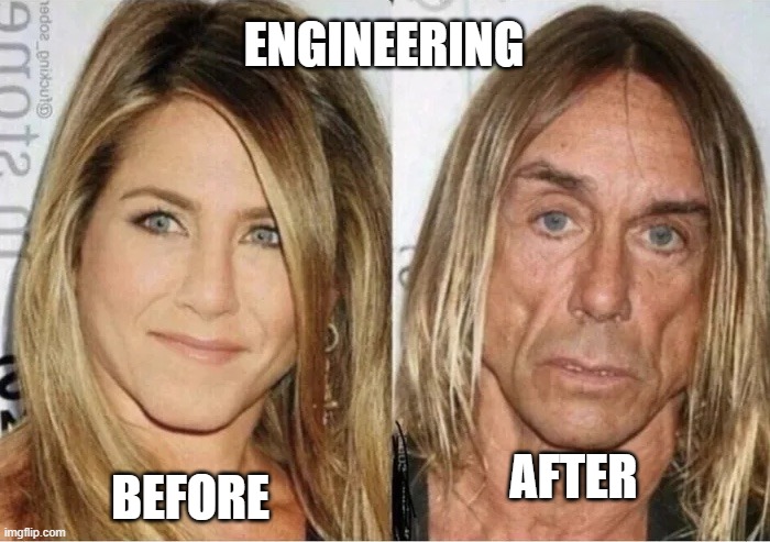Engineering | ENGINEERING; AFTER; BEFORE | image tagged in jennifer aniston vs iggy pop | made w/ Imgflip meme maker