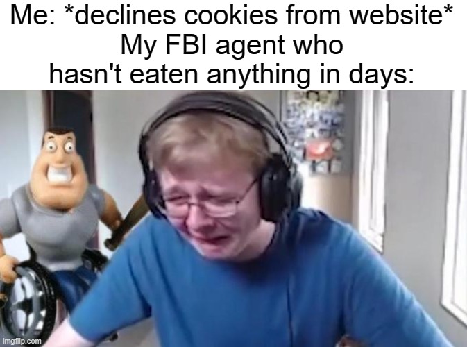 (Insert title) |  Me: *declines cookies from website*
My FBI agent who hasn't eaten anything in days: | image tagged in callmecarson crying next to joe swanson | made w/ Imgflip meme maker