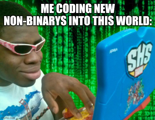 Knolls0lunatic.ca.:-)elijah | ME CODING NEW NON-BINARYS INTO THIS WORLD: | image tagged in hacker with a laptop | made w/ Imgflip meme maker