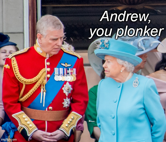 The Queen & Prince Andrew | Andrew, you plonker | image tagged in the queen prince andrew | made w/ Imgflip meme maker