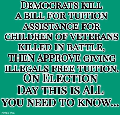 Democrats kill a bill for tuition assistance for children of veterans killed in battle, THEN APPROVE giving illegals free tuition. On Election Day this is ALL you need to know... | made w/ Imgflip meme maker