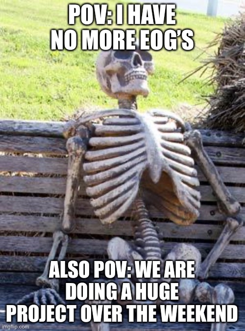 The end of school year.. | POV: I HAVE NO MORE EOG’S; ALSO POV: WE ARE DOING A HUGE PROJECT OVER THE WEEKEND | image tagged in waiting skeleton,meme,skeleton,eog,project | made w/ Imgflip meme maker
