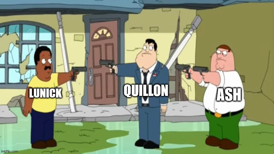 Lunick VS Quillon VS Ash | QUILLON; ASH; LUNICK | image tagged in cleveland vs stan vs peter,pokemon,family guy,american dad,the cleveland show | made w/ Imgflip meme maker