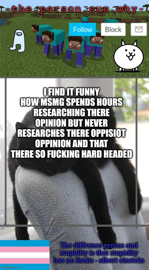 Someone’s temp | I FIND IT FUNNY HOW MSMG SPENDS HOURS RESEARCHING THERE OPINION BUT NEVER RESEARCHES THERE OPPISIOT OPPINION AND THAT THERE SO FUCKING HARD HEADED | image tagged in someone s temp | made w/ Imgflip meme maker