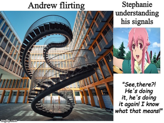 Andrew Flirting | Stephanie understanding his signals; Andrew flirting; "See,there?! He's doing it, he's doing it again! I know what that means!" | image tagged in romance | made w/ Imgflip meme maker