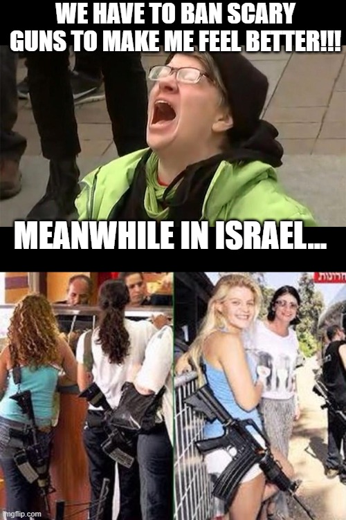 Just as many guns in the hands of Israel civilians ..Why aren't they scared? | WE HAVE TO BAN SCARY GUNS TO MAKE ME FEEL BETTER!!! MEANWHILE IN ISRAEL... | image tagged in stupid liberals,gun control,myth,political meme,funny memes,so true memes | made w/ Imgflip meme maker