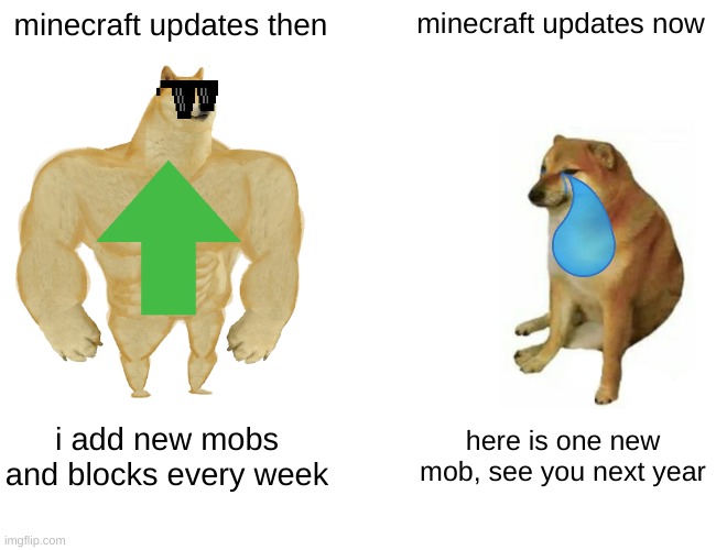 minecraft updates | minecraft updates then; minecraft updates now; i add new mobs and blocks every week; here is one new mob, see you next year | image tagged in memes,buff doge vs cheems | made w/ Imgflip meme maker