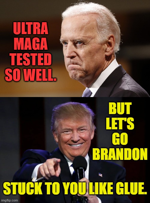 Opinions | ULTRA MAGA TESTED SO WELL. BUT LET'S GO BRANDON; STUCK TO YOU LIKE GLUE. | image tagged in memes,conservatives,joe biden,slogan,donald trump,let's go brandon | made w/ Imgflip meme maker
