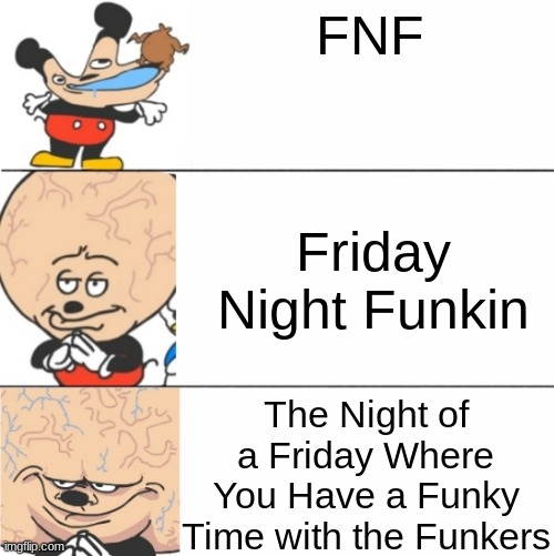 FNF | FNF; Friday Night Funkin; The Night of a Friday Where You Have a Funky Time with the Funkers | image tagged in expanding brain mokey | made w/ Imgflip meme maker