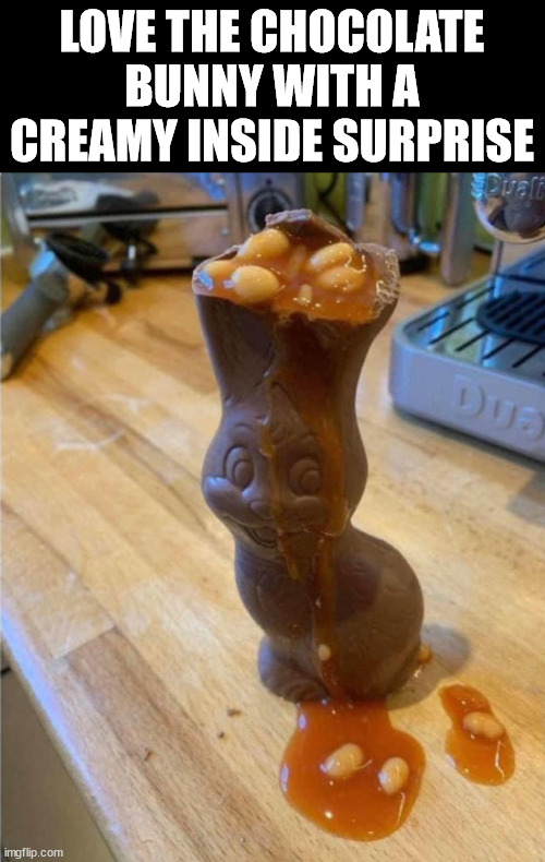 LOVE THE CHOCOLATE BUNNY WITH A CREAMY INSIDE SURPRISE | image tagged in gross | made w/ Imgflip meme maker