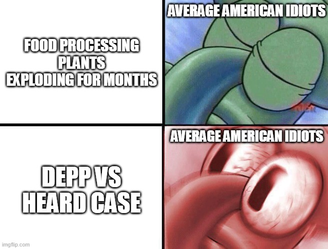 sleeping Squidward | AVERAGE AMERICAN IDIOTS; FOOD PROCESSING PLANTS EXPLODING FOR MONTHS; AVERAGE AMERICAN IDIOTS; DEPP VS HEARD CASE | image tagged in sleeping squidward | made w/ Imgflip meme maker