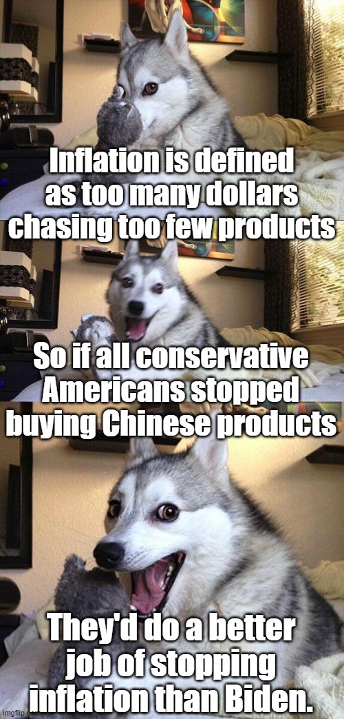 Funny how inflation is such a mystery to politicians when economists figured it out decades ago. Stop printing money. | Inflation is defined as too many dollars chasing too few products; So if all conservative Americans stopped buying Chinese products; They'd do a better job of stopping inflation than Biden. | image tagged in memes,bad pun dog | made w/ Imgflip meme maker