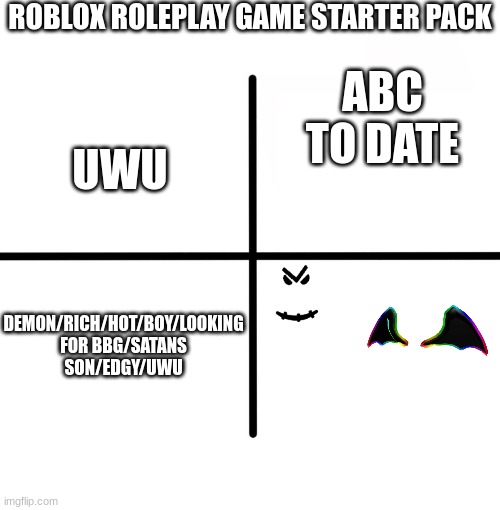 abc to rp | ROBLOX ROLEPLAY GAME STARTER PACK; ABC TO DATE; UWU; DEMON/RICH/HOT/BOY/LOOKING FOR BBG/SATANS SON/EDGY/UWU | image tagged in memes,blank starter pack | made w/ Imgflip meme maker
