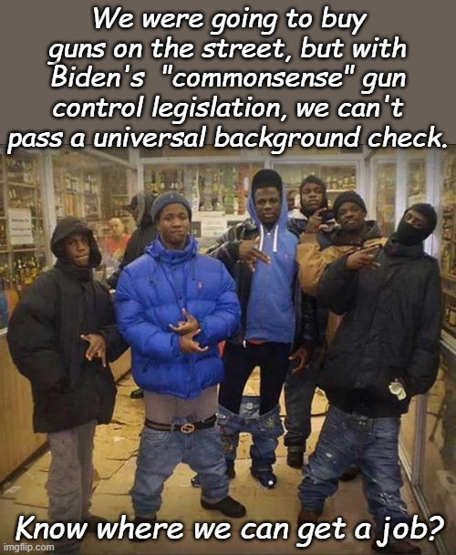 The "Protecting Our Kids Act" will protect our kids from everything but abortion and gang crime... | We were going to buy guns on the street, but with Biden's  "commonsense" gun control legislation, we can't pass a universal background check. Know where we can get a job? | image tagged in gangster pants | made w/ Imgflip meme maker