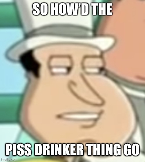also hello chat :]] | SO HOW’D THE; PISS DRINKER THING GO | image tagged in disappointed quagmire | made w/ Imgflip meme maker