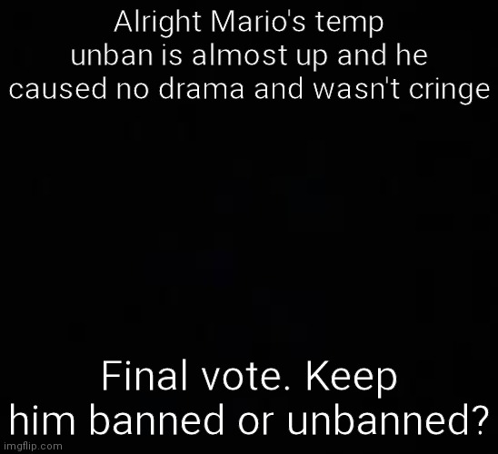 VOTING IS CLOSED | Alright Mario's temp unban is almost up and he caused no drama and wasn't cringe; Final vote. Keep him banned or unbanned? | image tagged in blank dark mode template | made w/ Imgflip meme maker