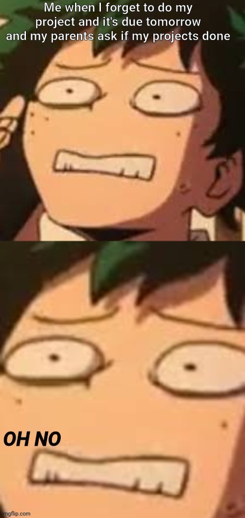 Deku oh no | Me when I forget to do my project and it's due tomorrow and my parents ask if my projects done | image tagged in deku oh no | made w/ Imgflip meme maker