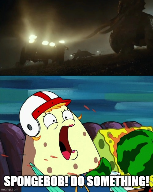 Mrs. Puff And The Nasutoceratops Attack | SPONGEBOB! DO SOMETHING! | image tagged in jurassic park,jurassic world,spongebob squarepants | made w/ Imgflip meme maker