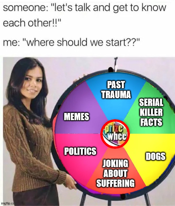 Wheel of misfortune | PAST TRAUMA; SERIAL KILLER FACTS; MEMES; POLITICS; DOGS; JOKING ABOUT SUFFERING | image tagged in know me,spin,wheel of fortune | made w/ Imgflip meme maker