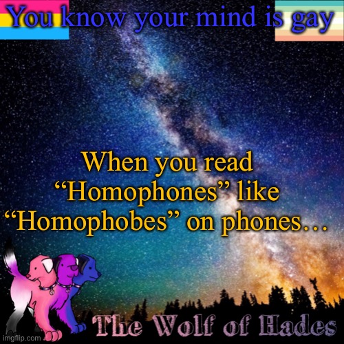 I laughed when I realised how stupid I was | You know your mind is gay; When you read “Homophones” like “Homophobes” on phones… | image tagged in thewolfofhades announcement templete | made w/ Imgflip meme maker