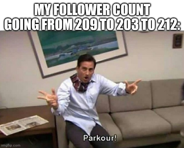 Parkour | MY FOLLOWER COUNT GOING FROM 209 TO 203 TO 212: | image tagged in parkour | made w/ Imgflip meme maker