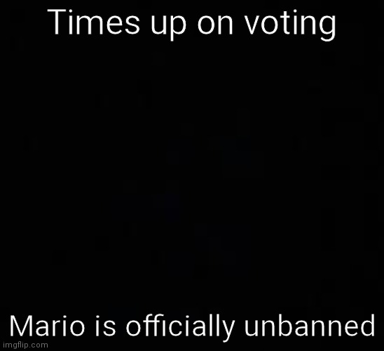 blank dark mode template | Times up on voting; Mario is officially unbanned | image tagged in blank dark mode template | made w/ Imgflip meme maker