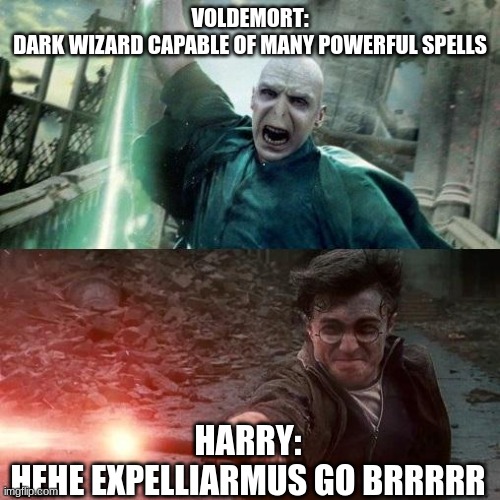 plot armor goes hard in the last movie | VOLDEMORT:
DARK WIZARD CAPABLE OF MANY POWERFUL SPELLS; HARRY:
HEHE EXPELLIARMUS GO BRRRRR | image tagged in harry potter meme | made w/ Imgflip meme maker