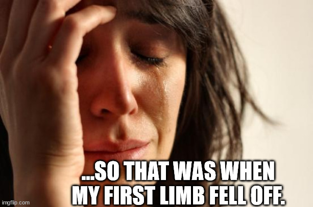 First World Problems Meme | ...SO THAT WAS WHEN MY FIRST LIMB FELL OFF. | image tagged in memes,first world problems | made w/ Imgflip meme maker