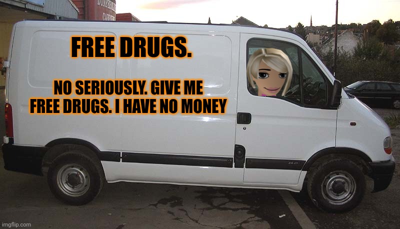 This is not ok. | FREE DRUGS. NO SERIOUSLY. GIVE ME FREE DRUGS. I HAVE NO MONEY | image tagged in white van,free,drugs,florida,woman,no | made w/ Imgflip meme maker