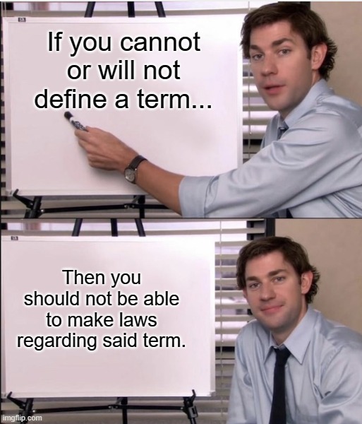 Jim office board | If you cannot or will not define a term... Then you should not be able to make laws regarding said term. | image tagged in jim office board | made w/ Imgflip meme maker