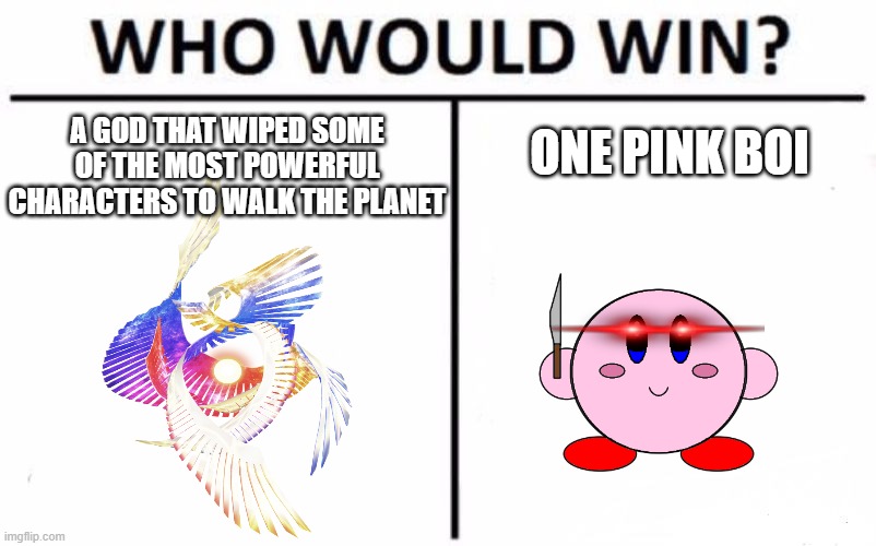 Kirby the god slayer has risen | A GOD THAT WIPED SOME OF THE MOST POWERFUL CHARACTERS TO WALK THE PLANET; ONE PINK BOI | image tagged in who would win | made w/ Imgflip meme maker