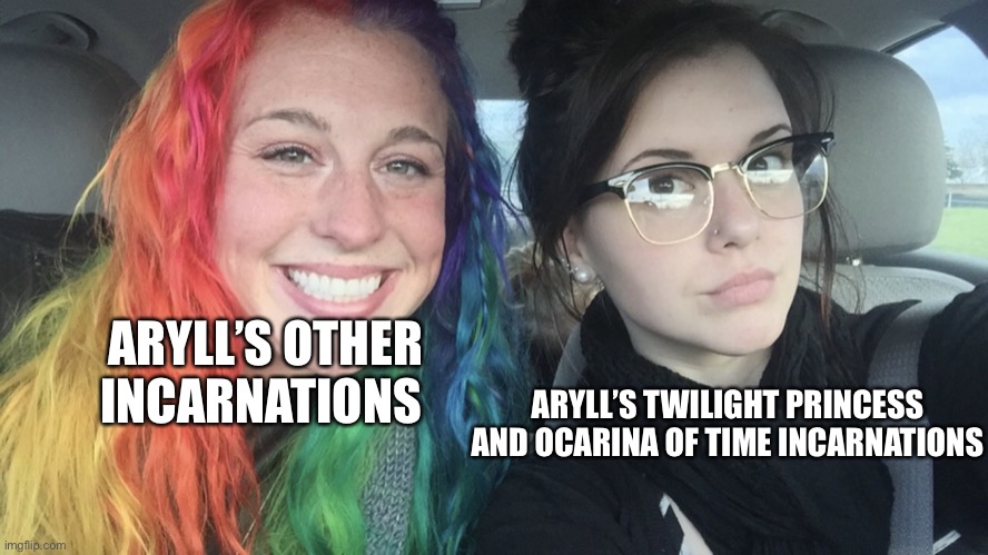 They are pretty dark compared to the others (credit to Cala for idea) | ARYLL’S OTHER INCARNATIONS; ARYLL’S TWILIGHT PRINCESS AND OCARINA OF TIME INCARNATIONS | image tagged in rainbow hair and goth | made w/ Imgflip meme maker